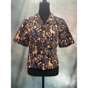 Princess Highway Giraffe Floral Button Up Shirt Navy Blue Cotton Blouse Size 8